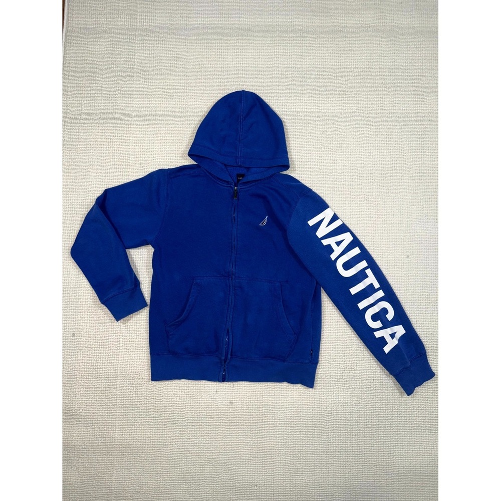 Nautica‎ Hoodie Boys L (14/16) Royal Blue Fleece Lined Spellout Logo Full Zip